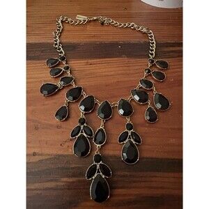 The Limited Womens Gold Tone Beaded Bib Statement Necklace 18" Long Black